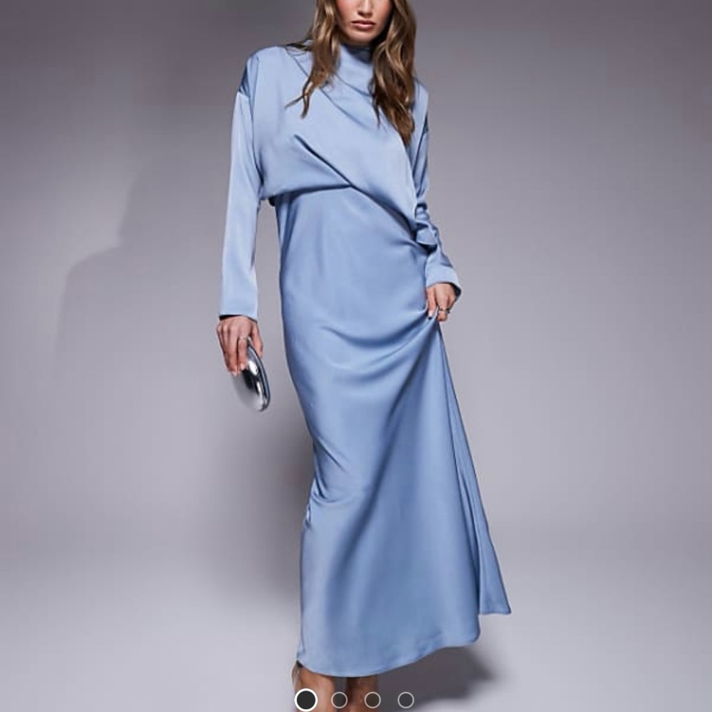 ASOS DESIGN high neck bias cut satin maxi dress with sleeve detail in blue